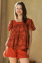 Davi & Dani Nature Printed Square Neck Puff Sleeve Blouse