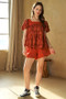 Davi & Dani Nature Printed Square Neck Puff Sleeve Blouse
