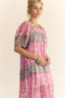 Davi & Dani Multi Floral Square Neck Puff Sleeve Maxi Dress
