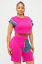 Color Block Denim Sleeve Top And Biker Shorts Set​​​
