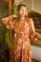 Mittoshop Flower Print Satin Lurex Stripe Smocked Midi Dress