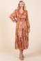 Mittoshop Flower Print Satin Lurex Stripe Smocked Midi Dress