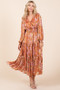 Mittoshop Flower Print Satin Lurex Stripe Smocked Midi Dress