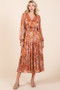 Mittoshop Flower Print Satin Lurex Stripe Smocked Midi Dress