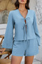 Two Pieces Tie Open Front V Neck Long Sleeve Sets