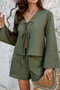 Two Pieces Tie Open Front V Neck Long Sleeve Sets