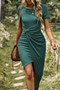 Solid Short Sleeve Twisted Split Fit Midi Dress