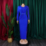 Summer Solid Round Neck Pleated Long Sleeve Plus Size Dress