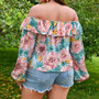 Spring Summer Sexy Print Ruffle Off Shoulder Plus Size Blouse Top