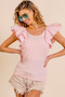 BiBi Wide Layered Ruffle Sleeve Scoop Neck Ribbed Top