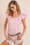 BiBi Wide Layered Ruffle Sleeve Scoop Neck Ribbed Top
