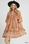 Umgee Boarder Print Tassel Tie Neck Mini Dress