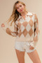 BiBi Diamond Pattern Collared Notch Neck Sweater