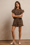BiBi Leopard Print Waffle Texture Layered Ruffle Sleeve Top and Shorts Set