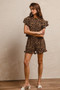 BiBi Leopard Print Waffle Texture Layered Ruffle Sleeve Top and Shorts Set