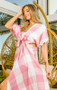 BiBi Front Tied Puff Sleeve Checkered Dress with Cut Out Detail