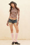 Floral-Print Mesh Cropped Mock-Neckthumbhole Top