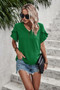 Solid Button V Neck Ruffle Sleeves Blouse