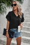Solid Button V Neck Ruffle Sleeves Blouse
