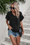 Solid Button V Neck Ruffle Sleeves Blouse