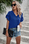 Solid Button V Neck Ruffle Sleeves Blouse