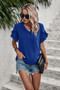 Solid Button V Neck Ruffle Sleeves Blouse