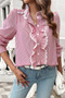Strip Button Ruffle Lace Trim Puff Fit Blouse