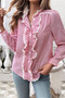 Strip Button Ruffle Lace Trim Puff Fit Blouse