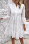 V Neck Button Flared Sleeves Hollow Out Lace Dress