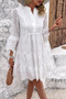 V Neck Button Flared Sleeves Hollow Out Lace Dress