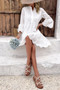 V Neck Button Flared Sleeves Hollow Out Lace Dress