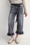 Fur Bottom Hem Washed Stretch Denim Pants
