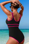 U Neck Contrast Trim Strip One Piece Swimsuit