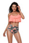 Halter Ruffle High Waisted Leaves Print Swimsuit