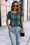 Plaid Print Notched Neckline Batwing Sleeve Blouse