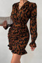 Ruched Ruffled Leopard Long Sleeve Fit Dress