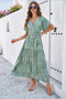 Allover Print V Neck Fit Belt A Line Long Dress​