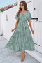 Allover Print V Neck Fit Belt A Line Long Dress​