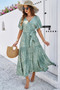 Allover Print V Neck Fit Belt A Line Long Dress​