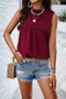 Lace Trim Solid Ruched Sleeveless Swiss Dot Top