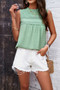 Lace Trim Solid Ruched Sleeveless Swiss Dot Top