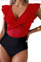 Ruffle Sleeves Deep V Neck Cross Lace Swimsuit