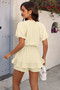 Solid V Neck Knot Puff Sleeves Ruffle Hem Romper