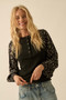 Rib-Knit And Floral Bubble-Sleeve Henley Top