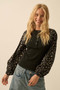 Rib-Knit And Floral Bubble-Sleeve Henley Top