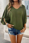 Solid V Neck Knit Loose Fit Bat Sleeves Top​