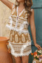 Two Piece Boho Print Sleeveless Button Lace Trim Set