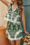 Two Piece Boho Print Sleeveless Button Lace Trim Set