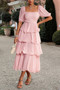 Off Shoulder Puff Short Sleeves Tiered Dress