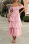 Off Shoulder Puff Short Sleeves Tiered Dress